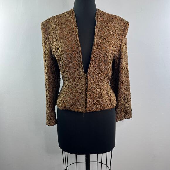 VTG Frank Fiore Brown Jacket Floral Embroidered Plunge Victorian Cocktail S/M - Picture 4 of 8
